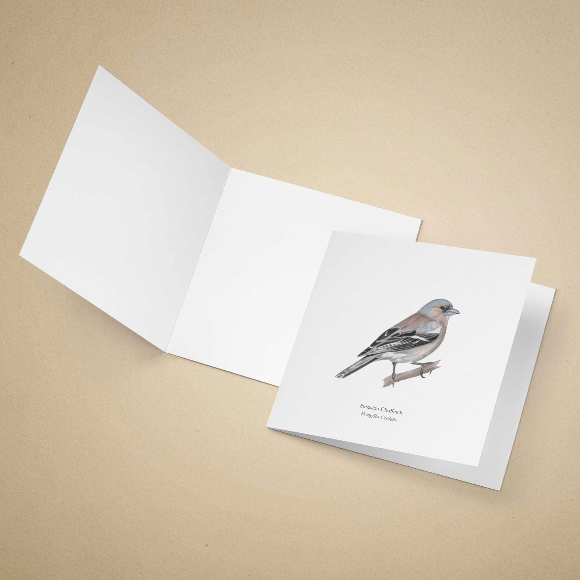 Greeting card with a Eurasian Chaffinch illustration on a beige background