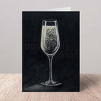 Greeting Card with an oil painted champagne glass on a black background.
