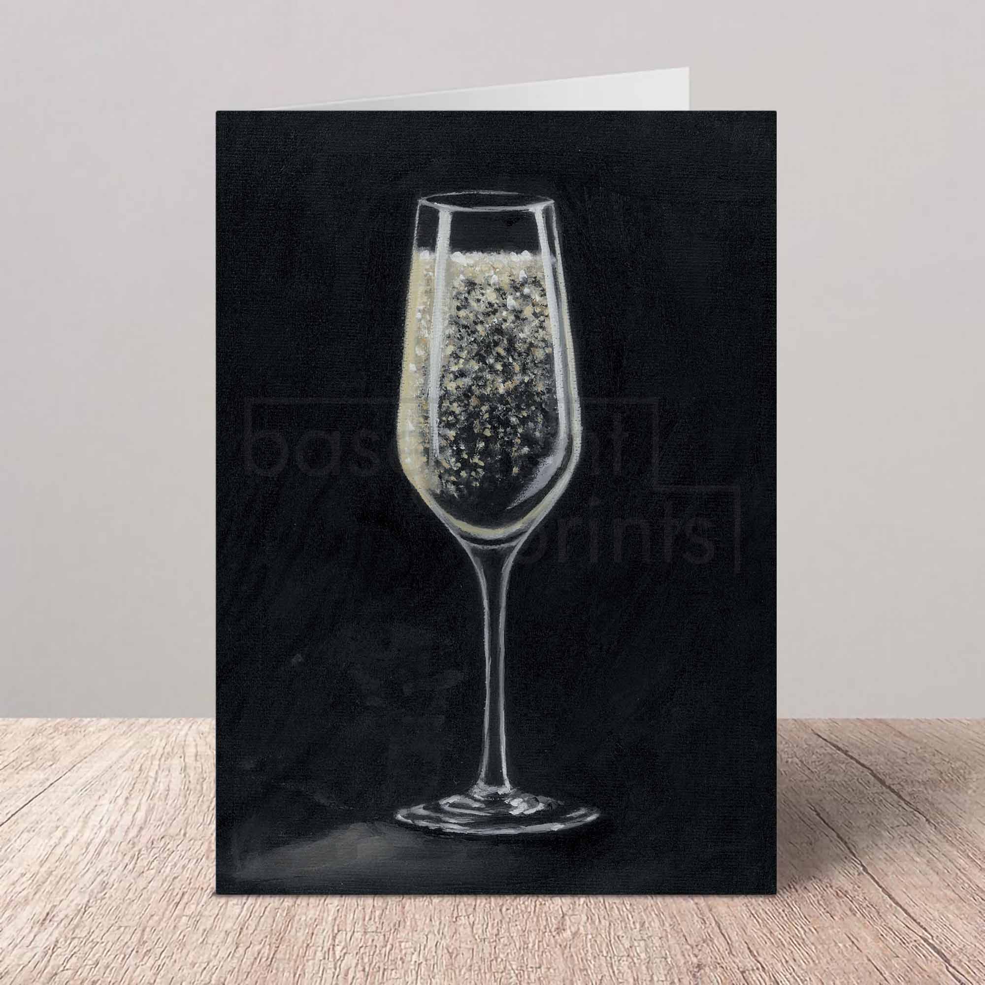 Greeting Card with an oil painted champagne glass on a black background.