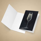 Greeting Card with a dark oil painted champagne glass on a beige background.