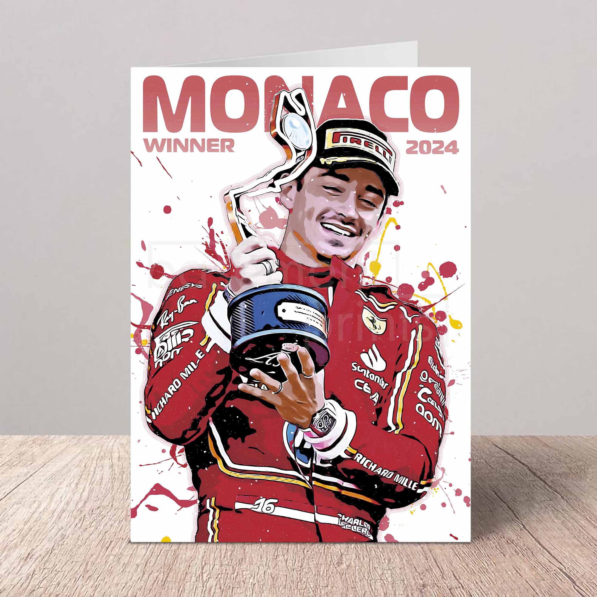 Greeting card of a Formula 1 driver Charles Leclerc celebrating a win in Monaco 2024, holding a trophy.