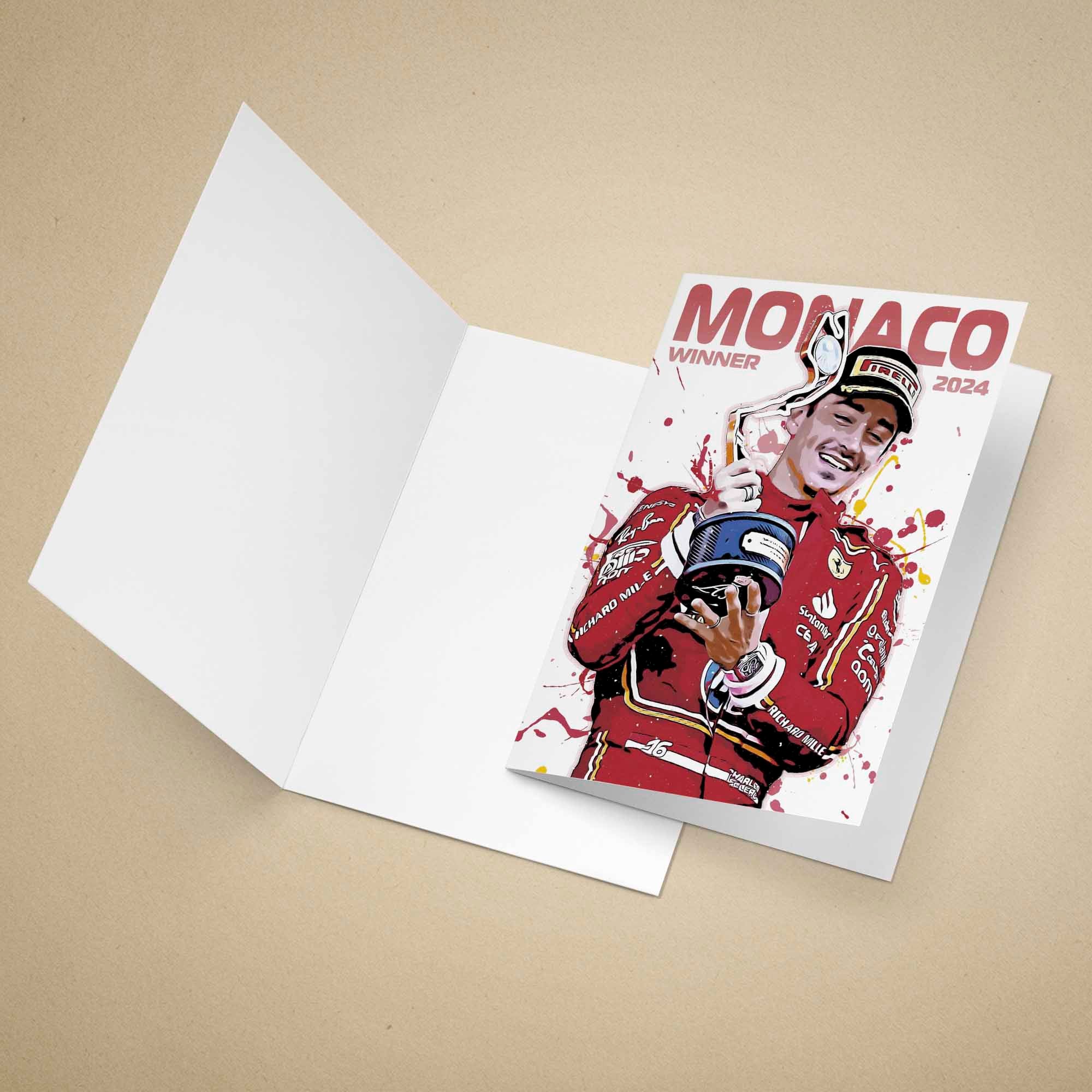 Greeting card of a Formula 1 driver Charles Leclerc celebrating a win in Monaco 2024, holding a trophy on a beige background.