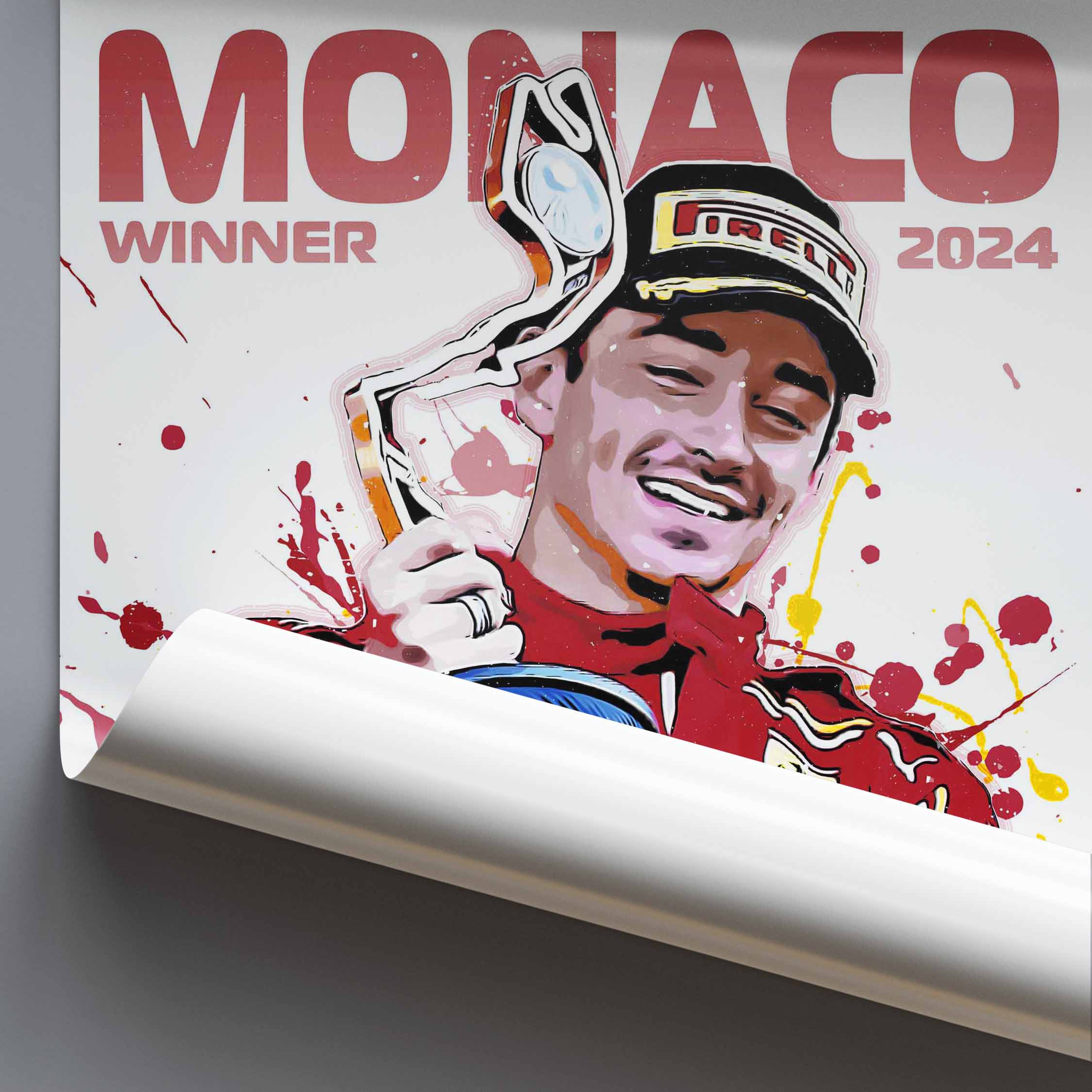 Poster of a Charles Leclerc with 'Monaco WINNER 2024' text on a colourful background