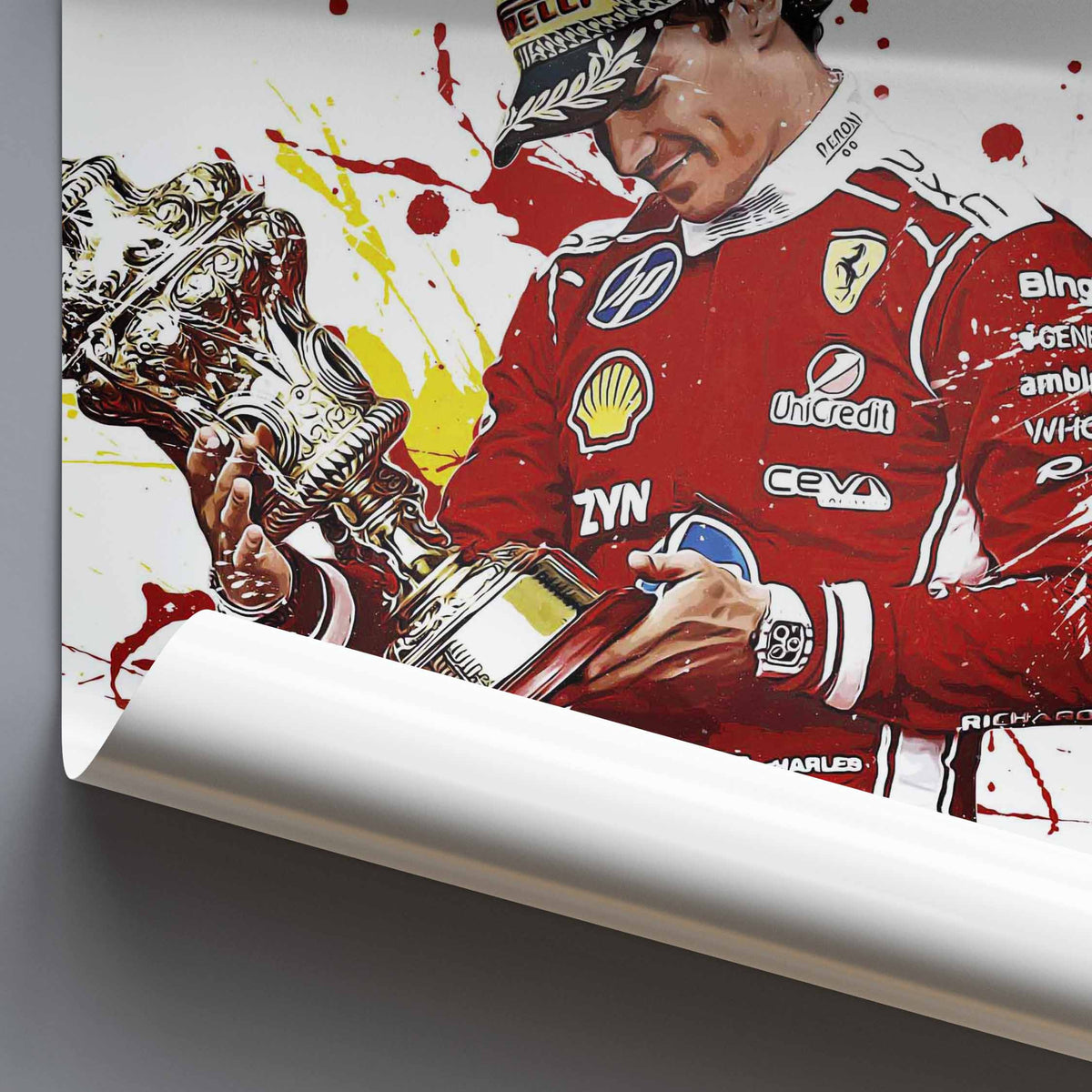 A rolled poster on a grey background, showing a Formula 1 illustration of Charles Leclerc holding a trophy, with the text 'SILVERSTONE WINNER 2026'.
