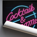 Neon poster with 'Cocktails & Dreams' text on a dark background