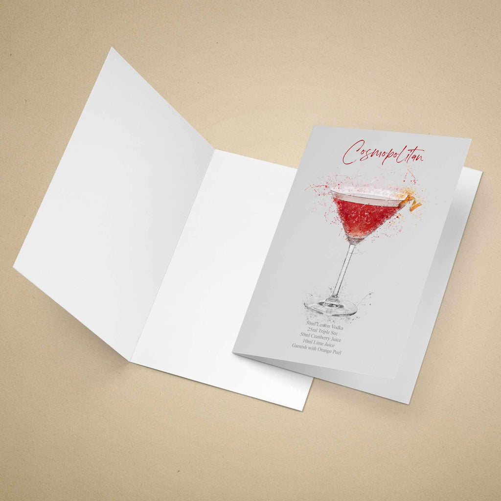 Greeting card with a Cosmopolitan cocktail illustration and text on a beige background