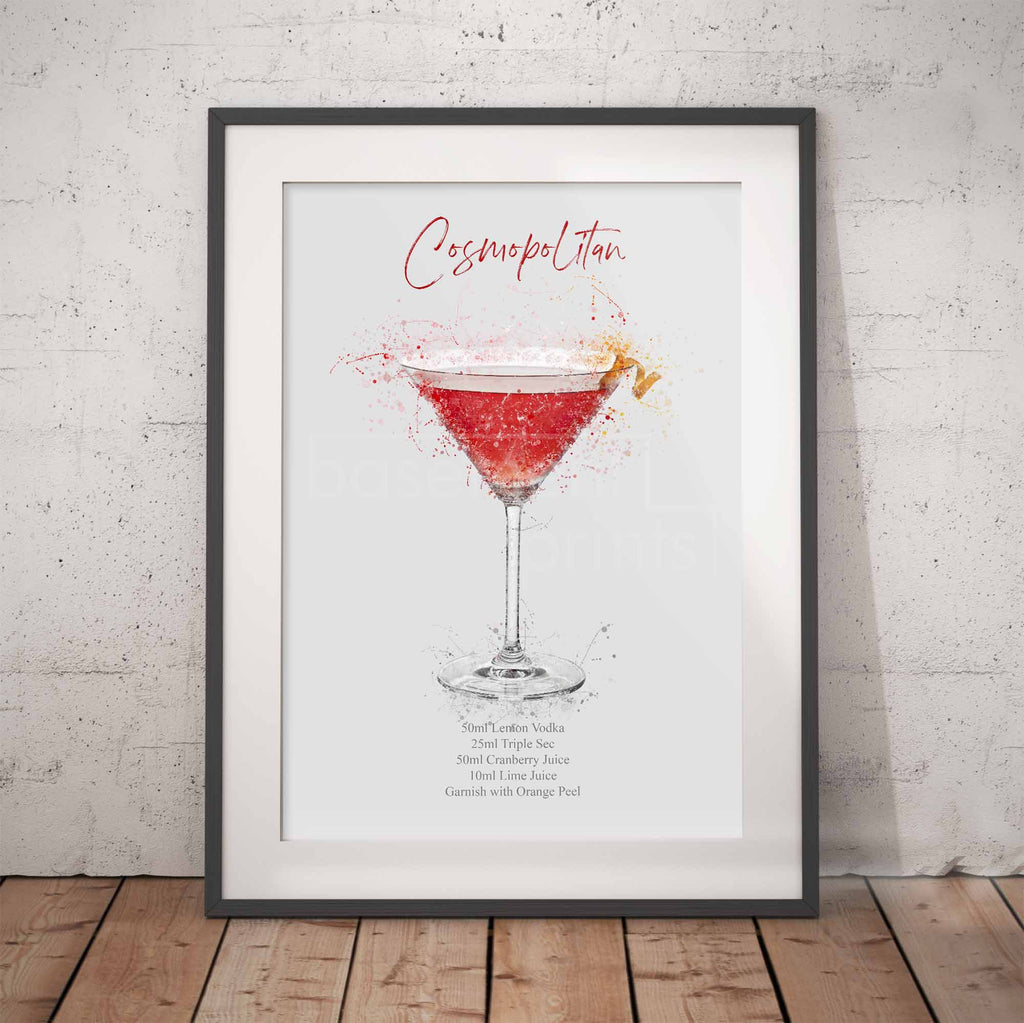 Framed print of a cosmopolitan cocktail recipe on a white wall.