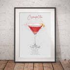 Framed print of a cosmopolitan cocktail recipe on a white wall.