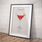 Framed print of a Cosmopolitan cocktail recipe on a white wall.