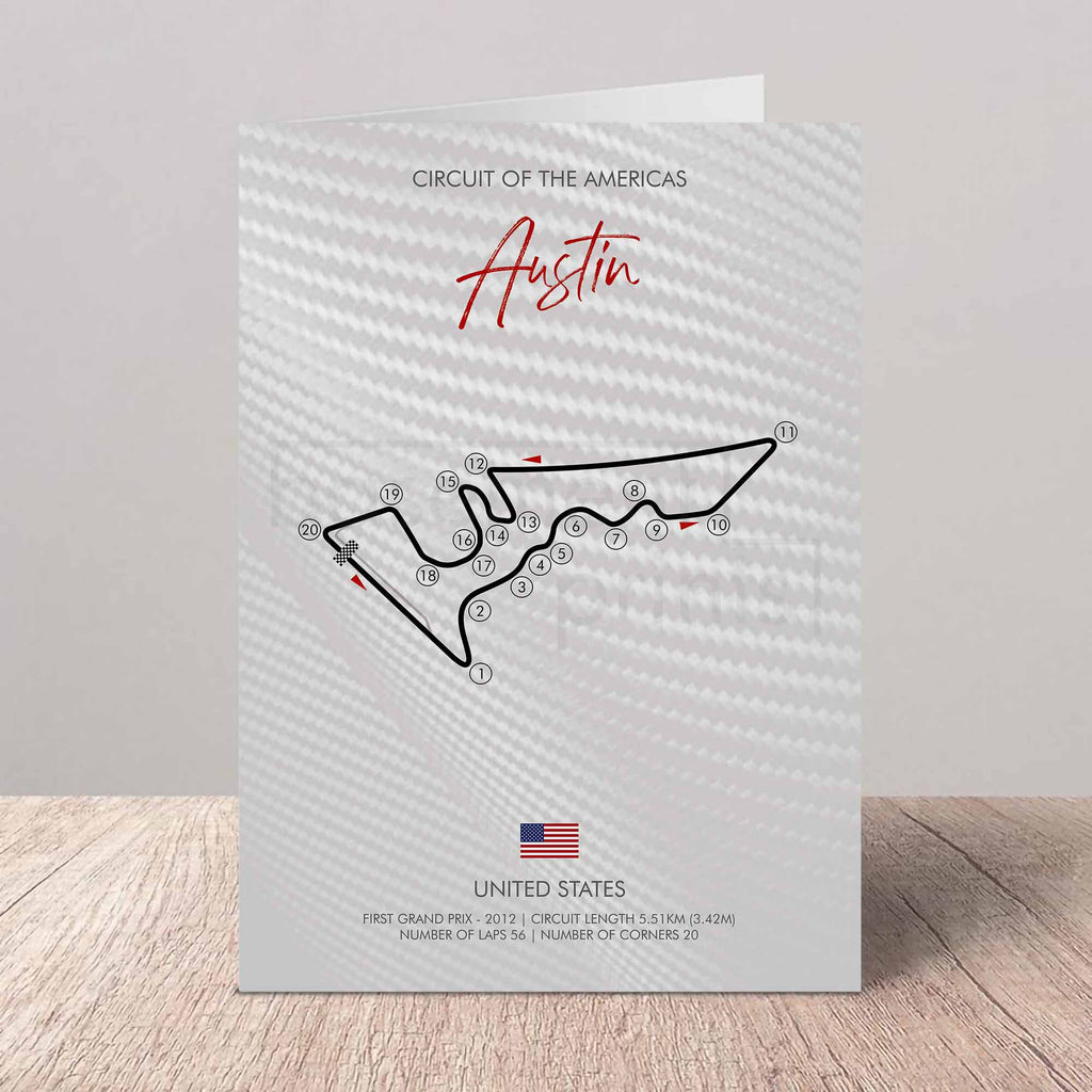 Greeting card of the Circuit of the Americas race track design on a white background.