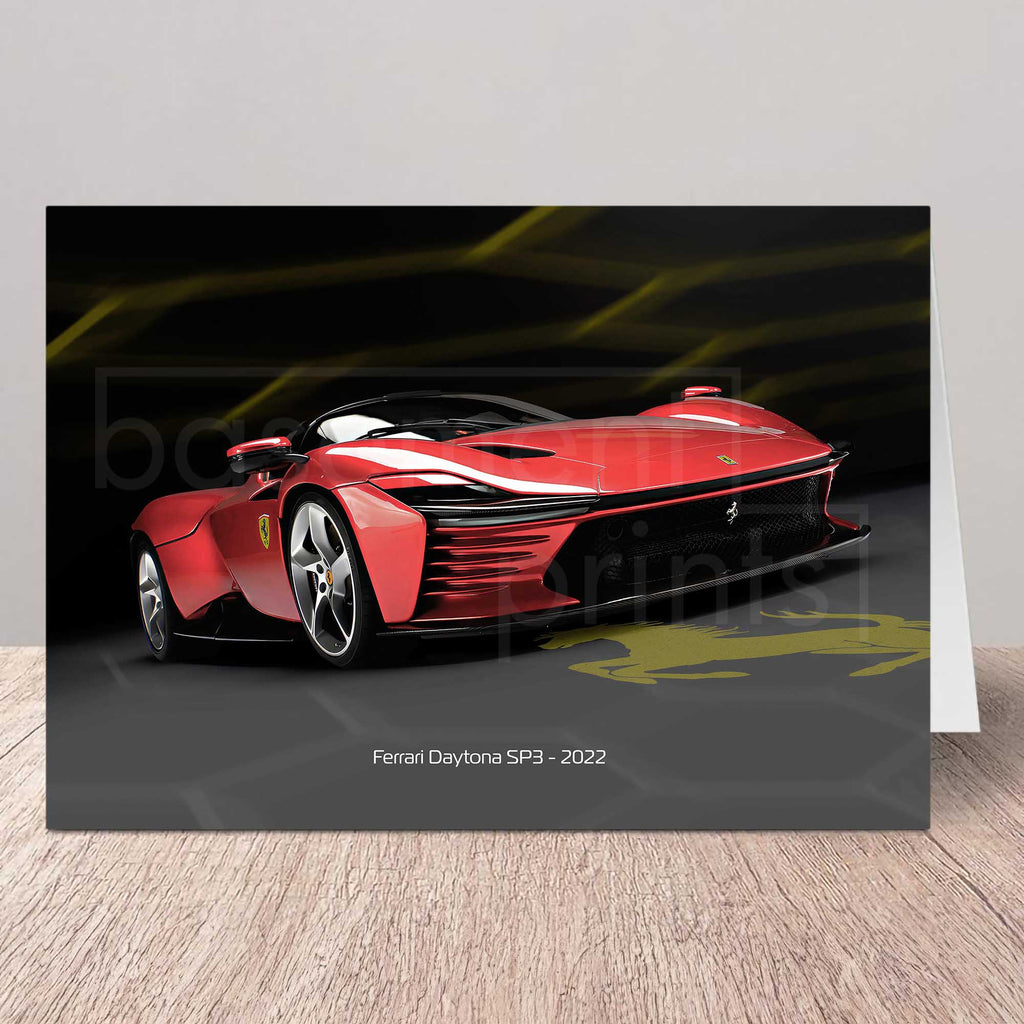 Birthday card of a Red Ferrari Daytona SP3 sports car on a dark background