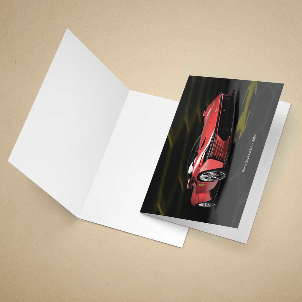 Greeting card with a Ferrari Daytona SP3 design on a beige background