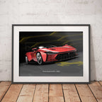 Framed artwork of a red Ferrari Daytona SP3 on a wooden floor with a white brick wall background.