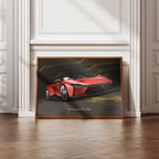 Framed poster of a red Ferrari SP3 on a wall in a room with wooden flooring.
