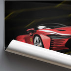 Red sports car poster with a Ferrari logo on a dark background