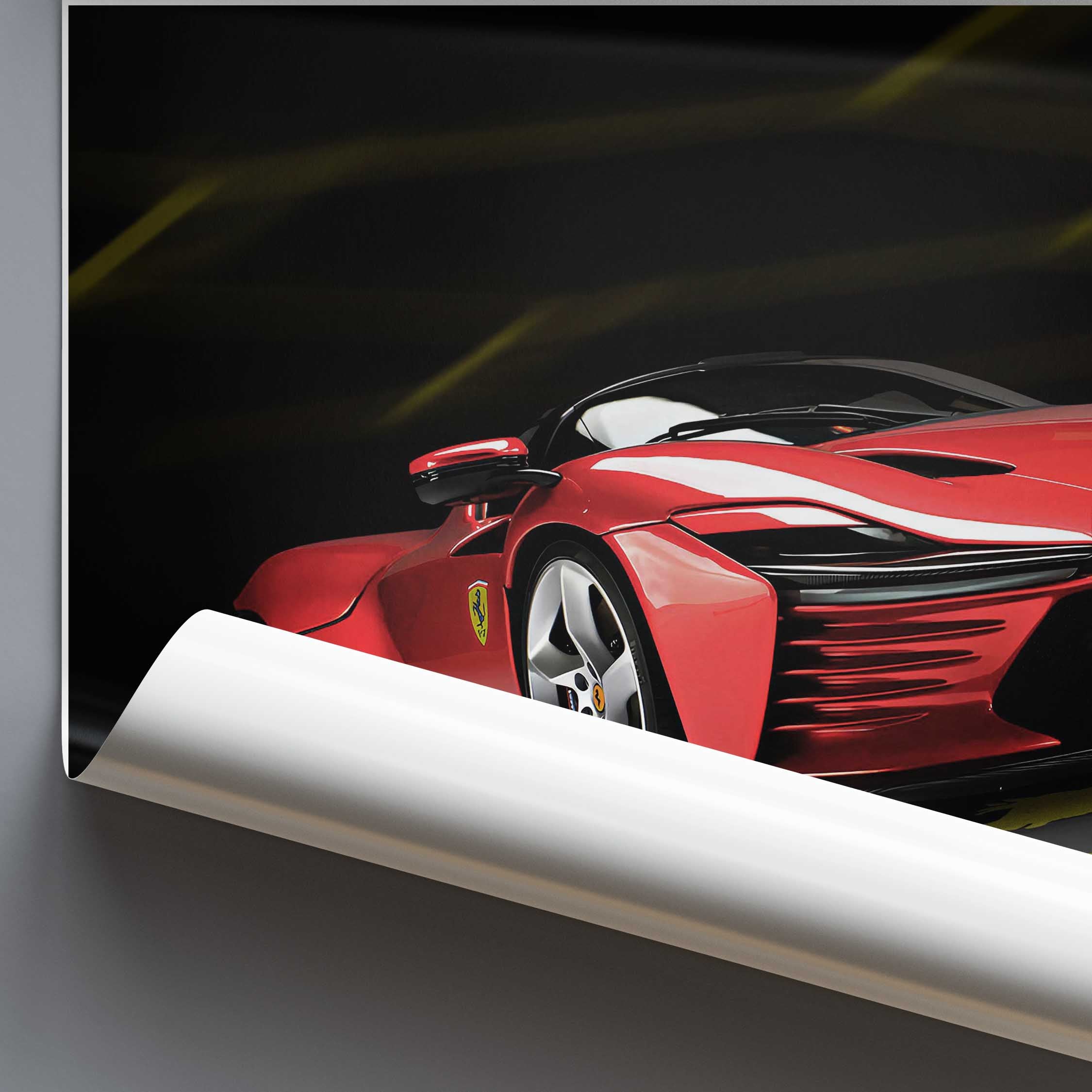 Red sports car poster with a Ferrari logo on a dark background