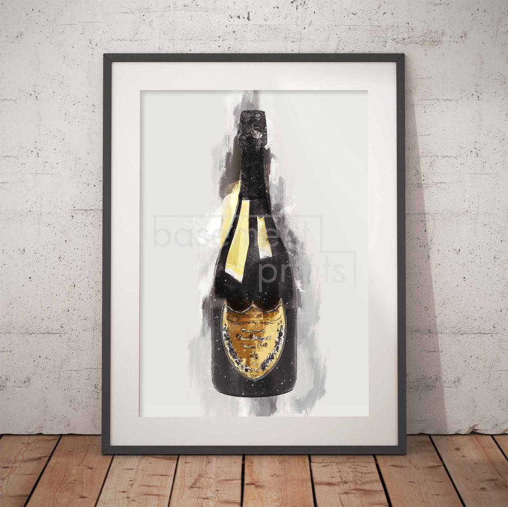 Framed artwork of a Dom Perignon champagne bottle on a white background, leaning against a textured wall.