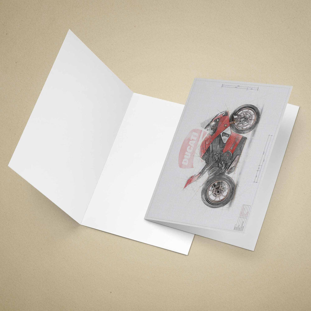 An open white greeting card on a beige background, with the right panel showing a sketch-style illustration of a red and black Ducati motorcycle.