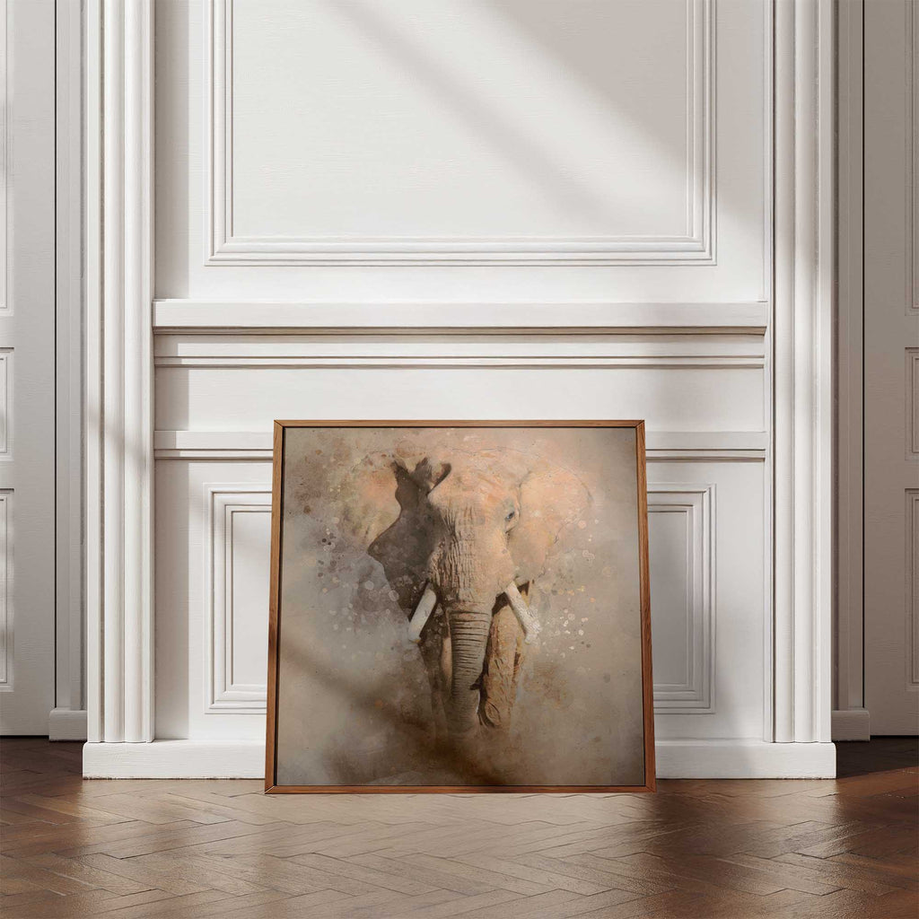 Framed artwork of an elephant on a wall with decorative moulding.