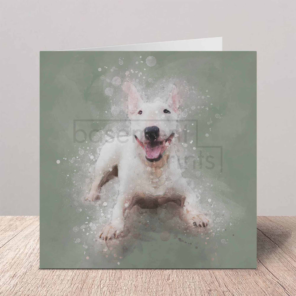 Greeting card of an English Bull Terrier dog on a gray background
