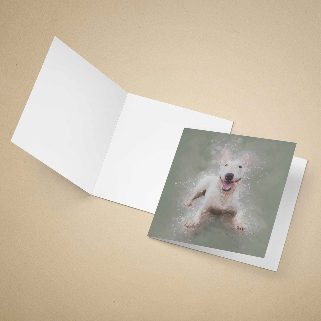 Greeting card with an English Bull Terrier dog illustration on a beige background