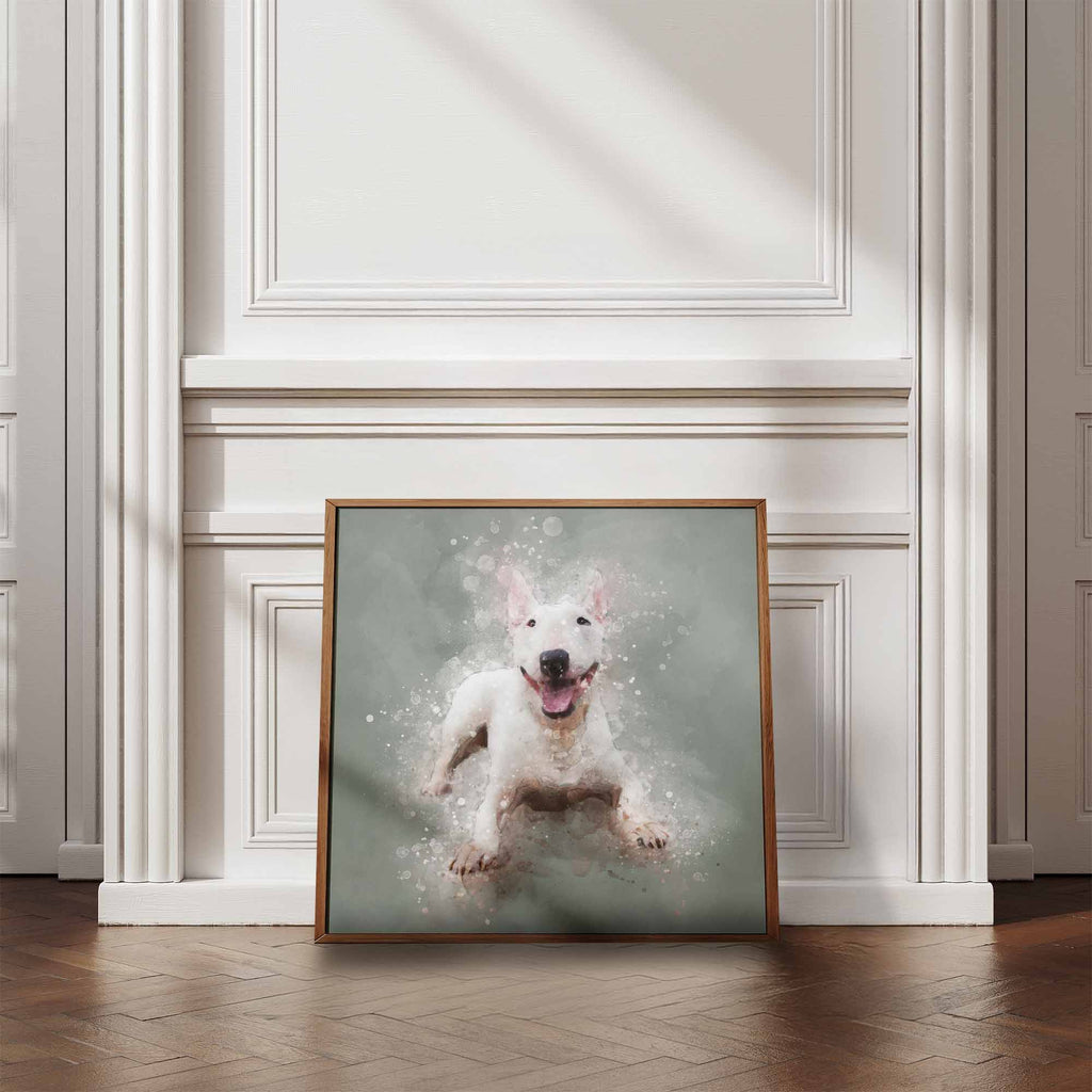 Framed artwork of an English Bull Terrier dog on a wall in a room with wooden flooring and white walls.