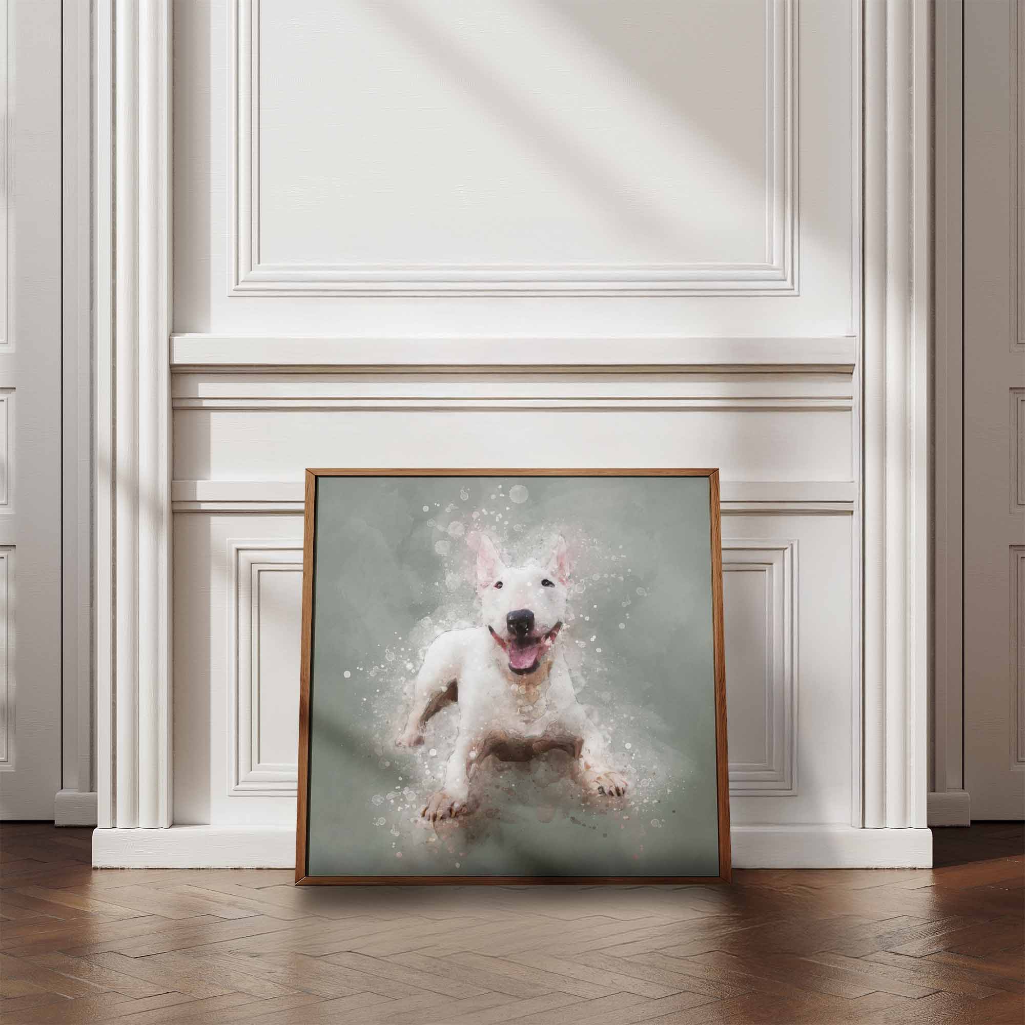 Framed artwork of an English Bull Terrier dog on a wall in a room with wooden flooring and white walls.