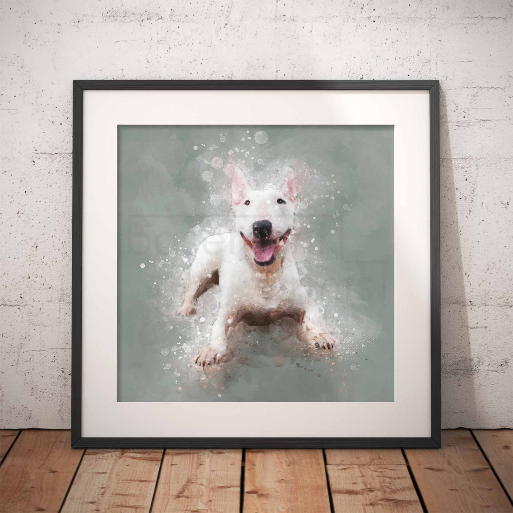 Framed artwork of an English Bull Terrier dog on a gray background, leaning against a textured wall.