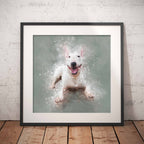 Framed artwork of an English Bull Terrier dog on a gray background, leaning against a textured wall.