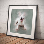 Framed artwork of an English Bull Terrier dog, leaning against a textured white wall.