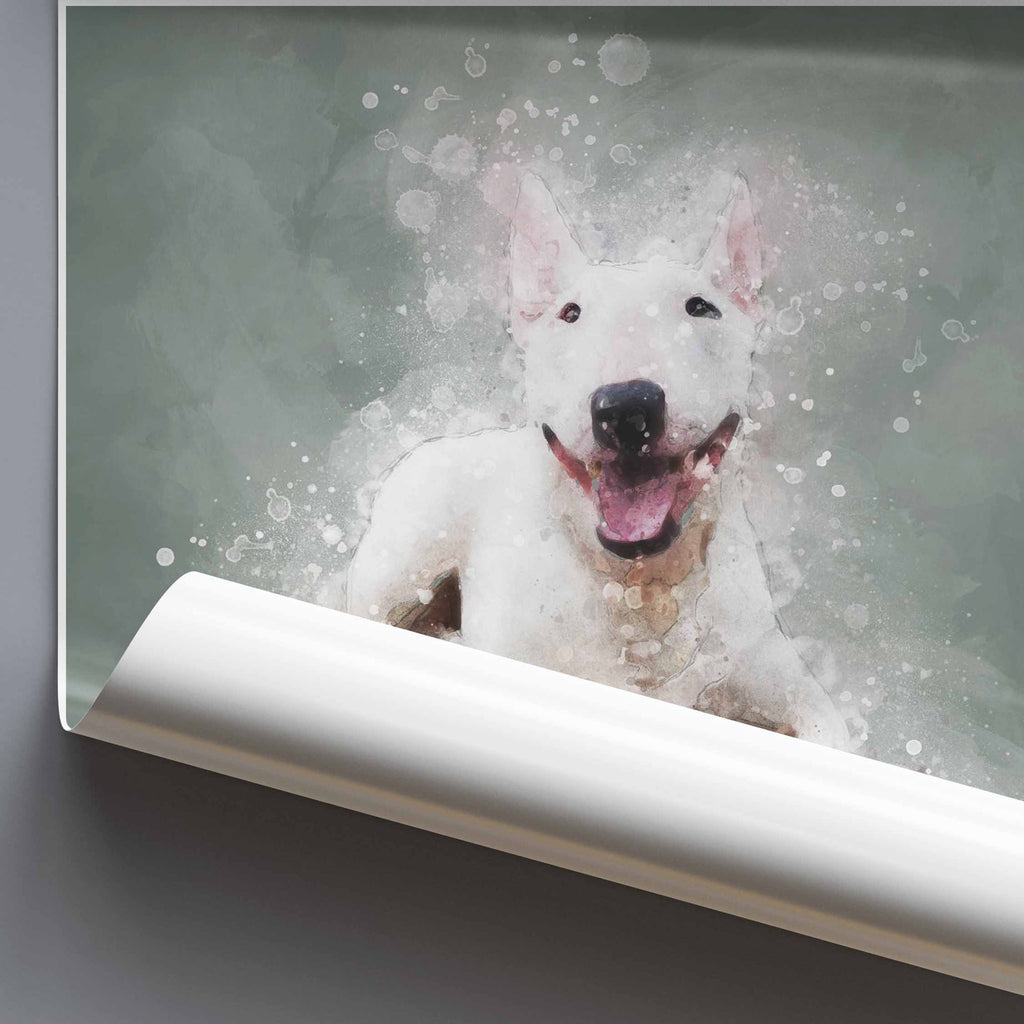 Poster of an English Bull Terrier dog on a grey background.