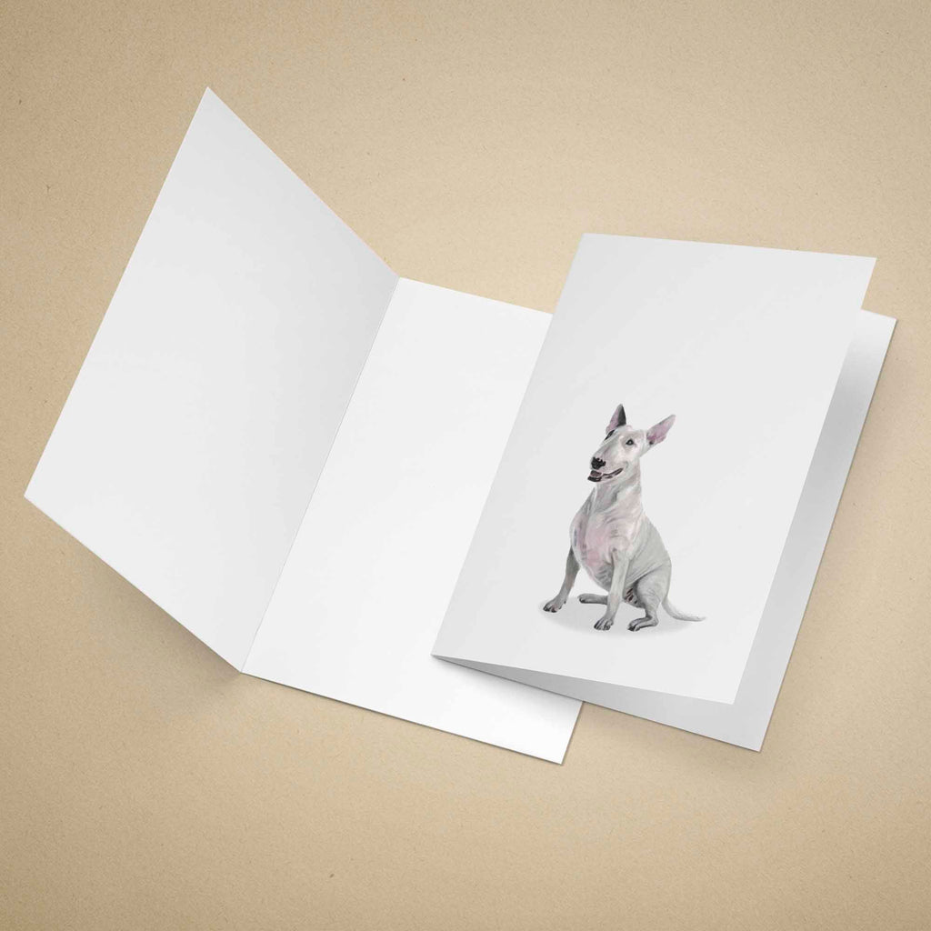 Greeting card with an English Bull Terrier on a beige background