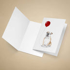 Greeting card with a bulldog holding a red balloon on a beige background