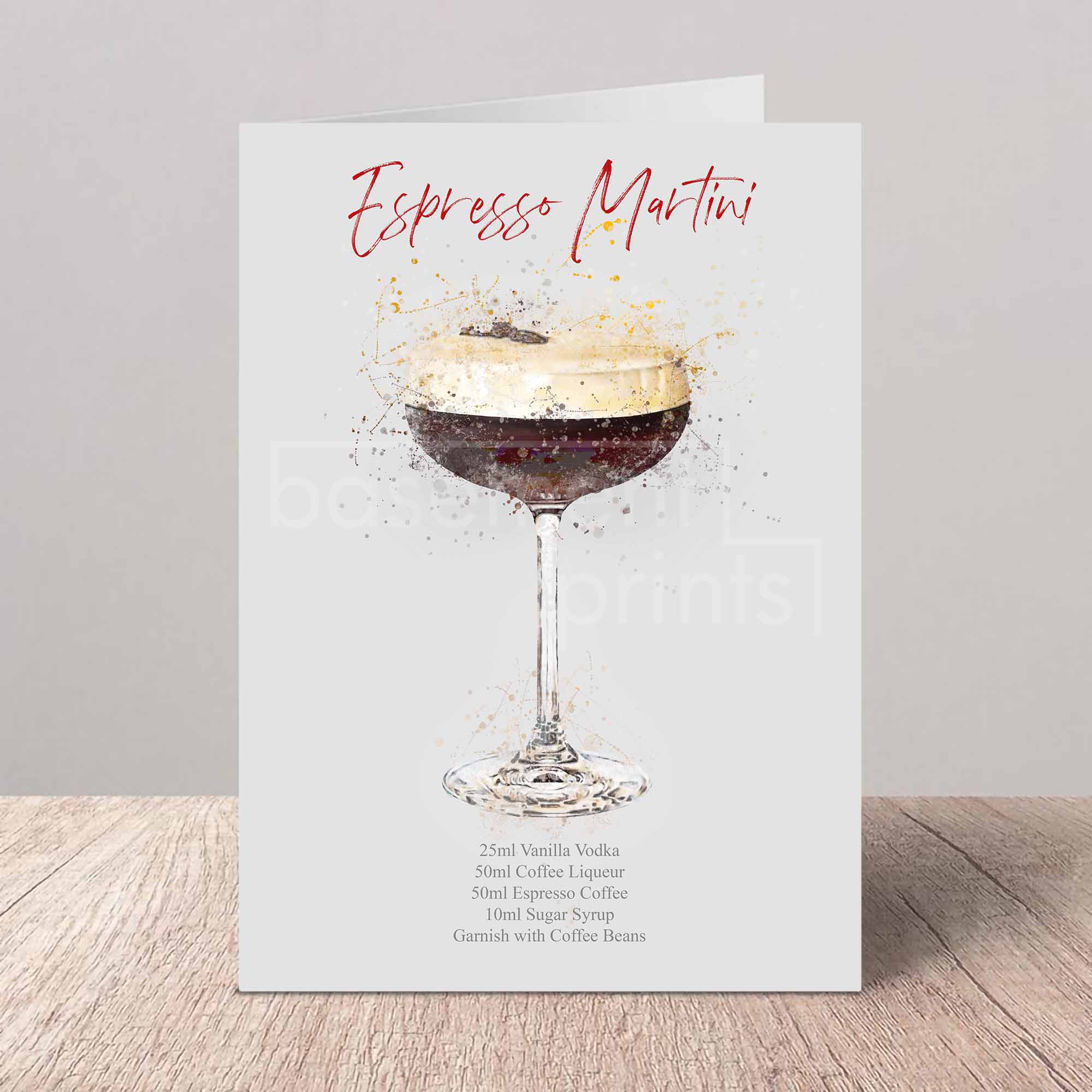 Card with an illustration of an Espresso Martini and recipe details on a wooden surface.