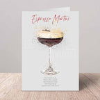 Card with an illustration of an Espresso Martini and recipe details on a wooden surface.
