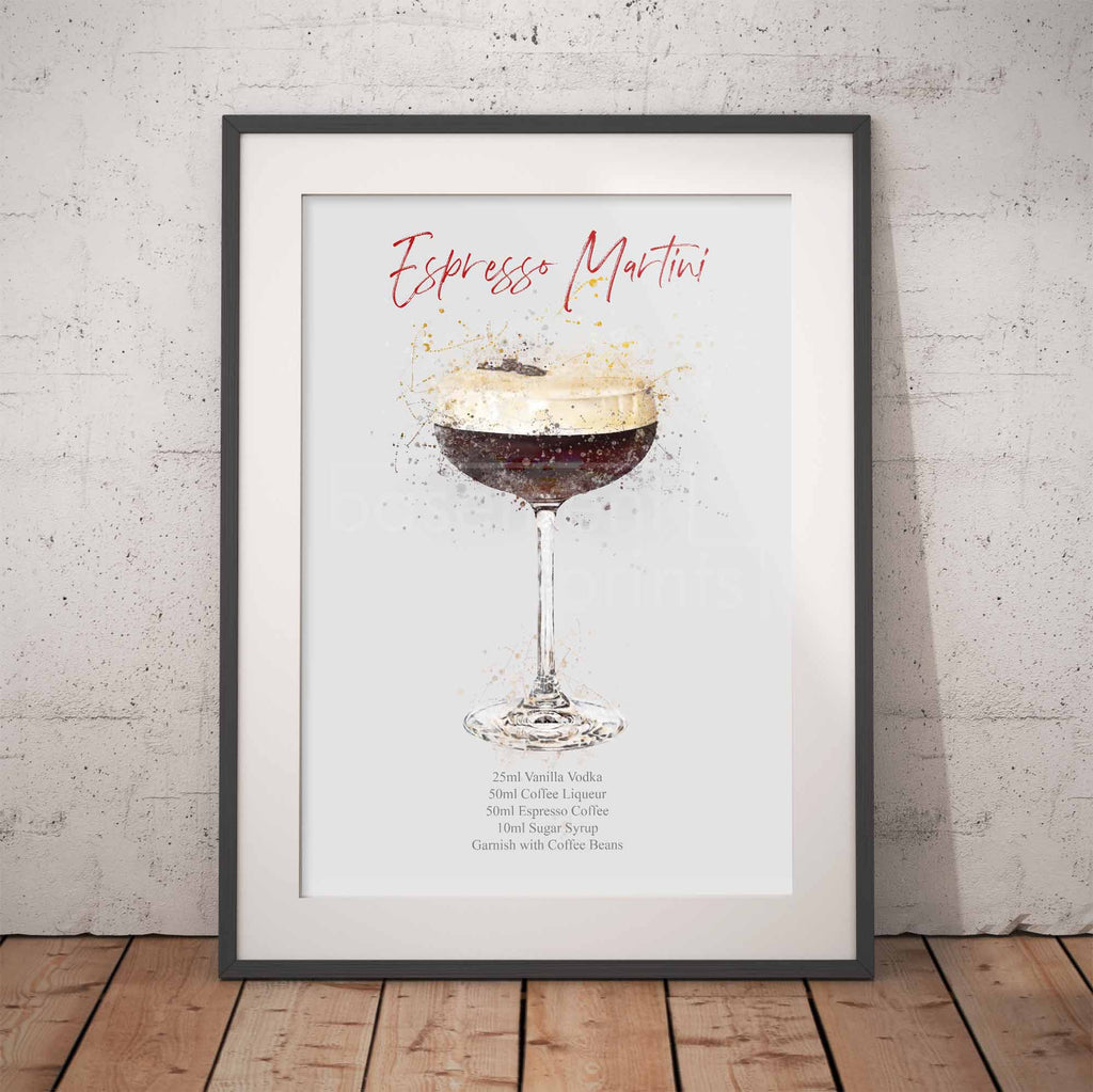 Framed artwork of an Espresso Martini with recipe details on a white background.