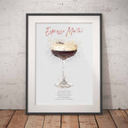 Framed artwork of an Espresso Martini with recipe details on a white background.