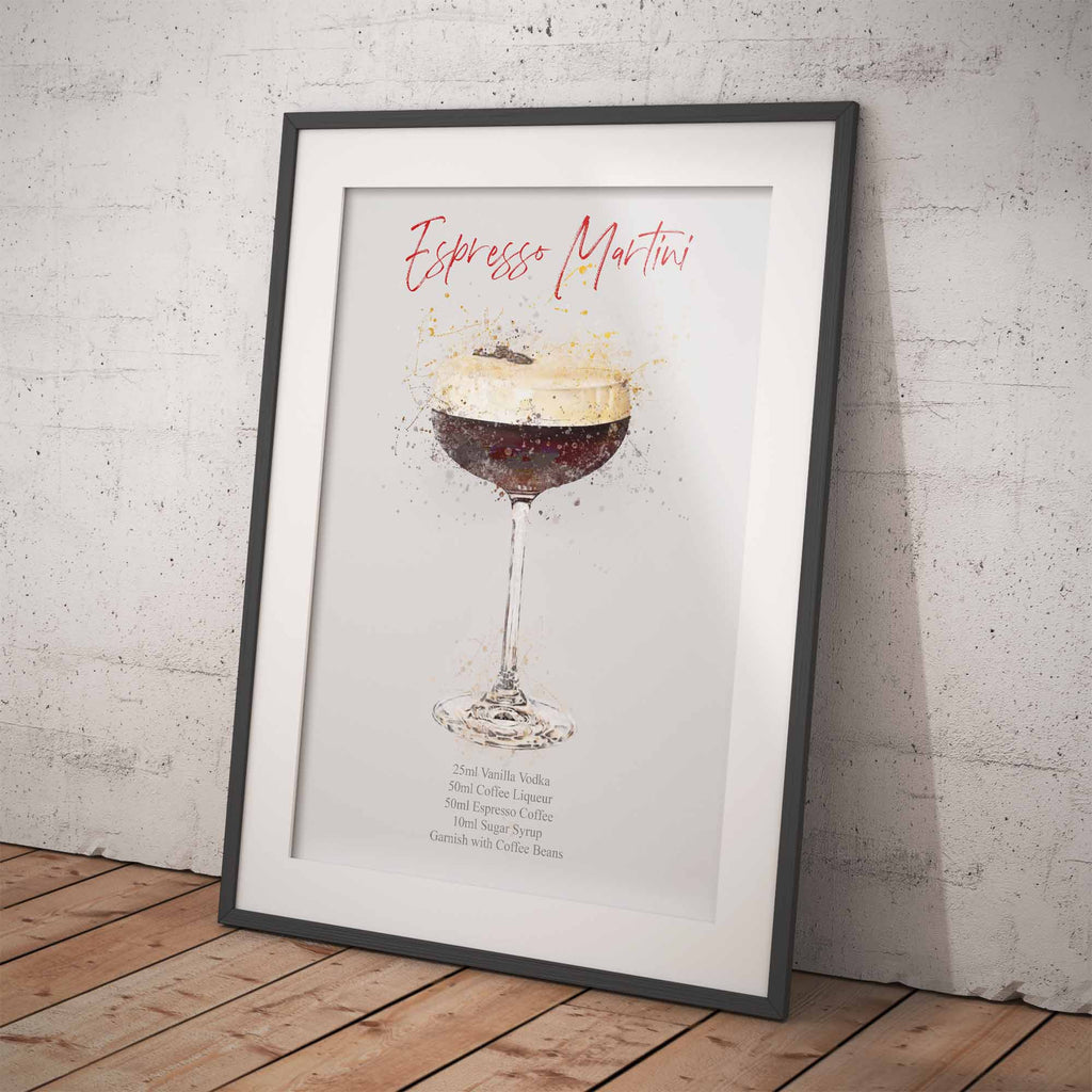 Framed print of an Espresso Martini recipe against a textured wall.