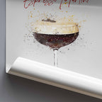 Decorative poster with a stylized illustration of an espresso martini on a gray background.