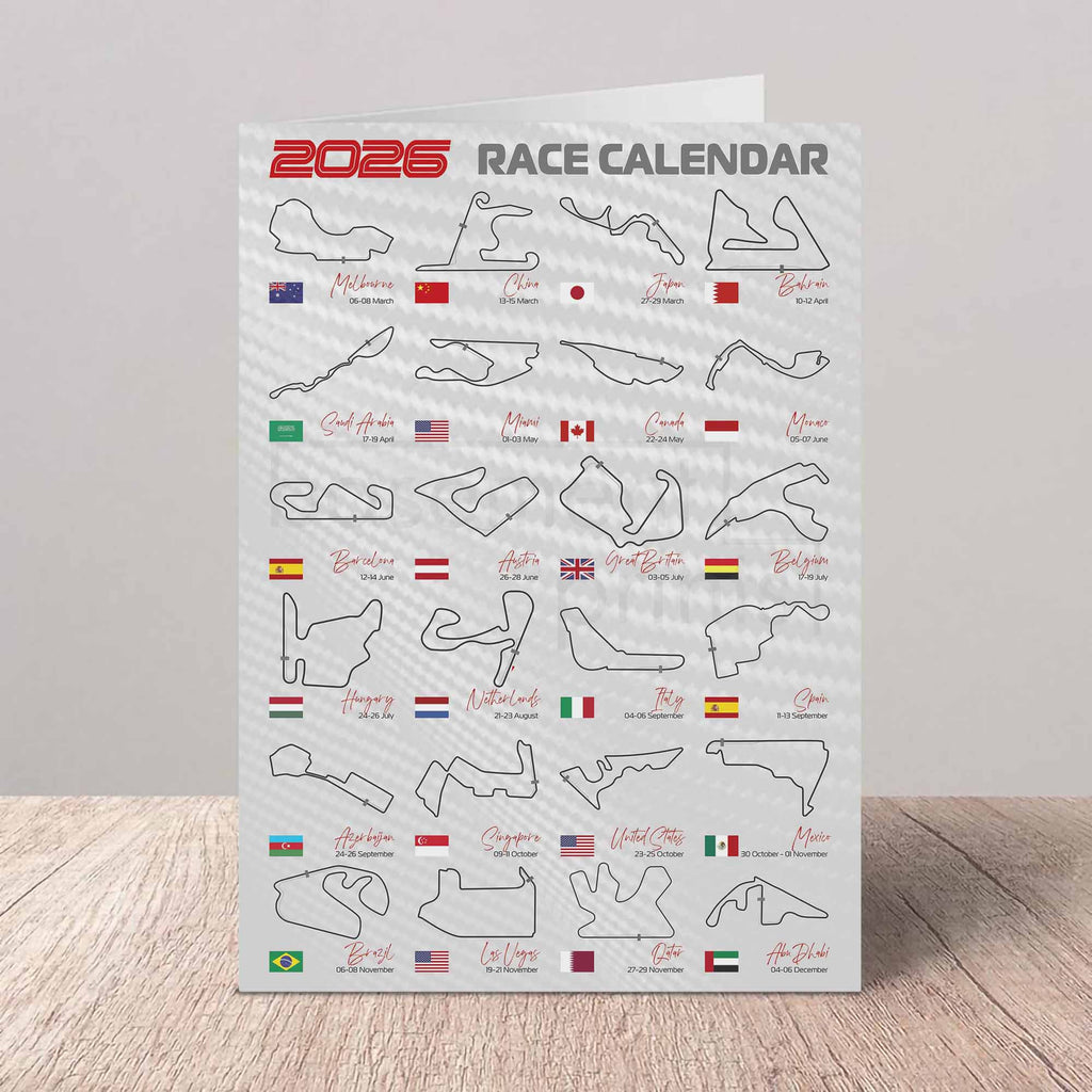 2026 F1 Race Calendar with race track outlines and country flags on a gray background