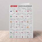 2026 F1 Race Calendar with race track outlines and country flags on a gray background