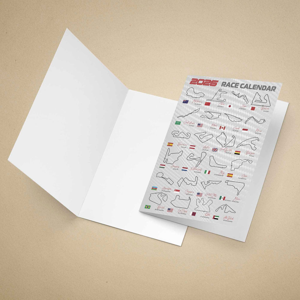 2026 F1 Race Calendar with race track outlines and country flags on a beige background