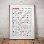 Framed Formula 1 2026 race calendar poster on a brick wall background