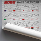 2026 Formula One race calendar with race tracks and dates on a gray 
