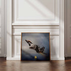 Framed artwork of an F22 Raptor military jet on a wall with decorative molding.