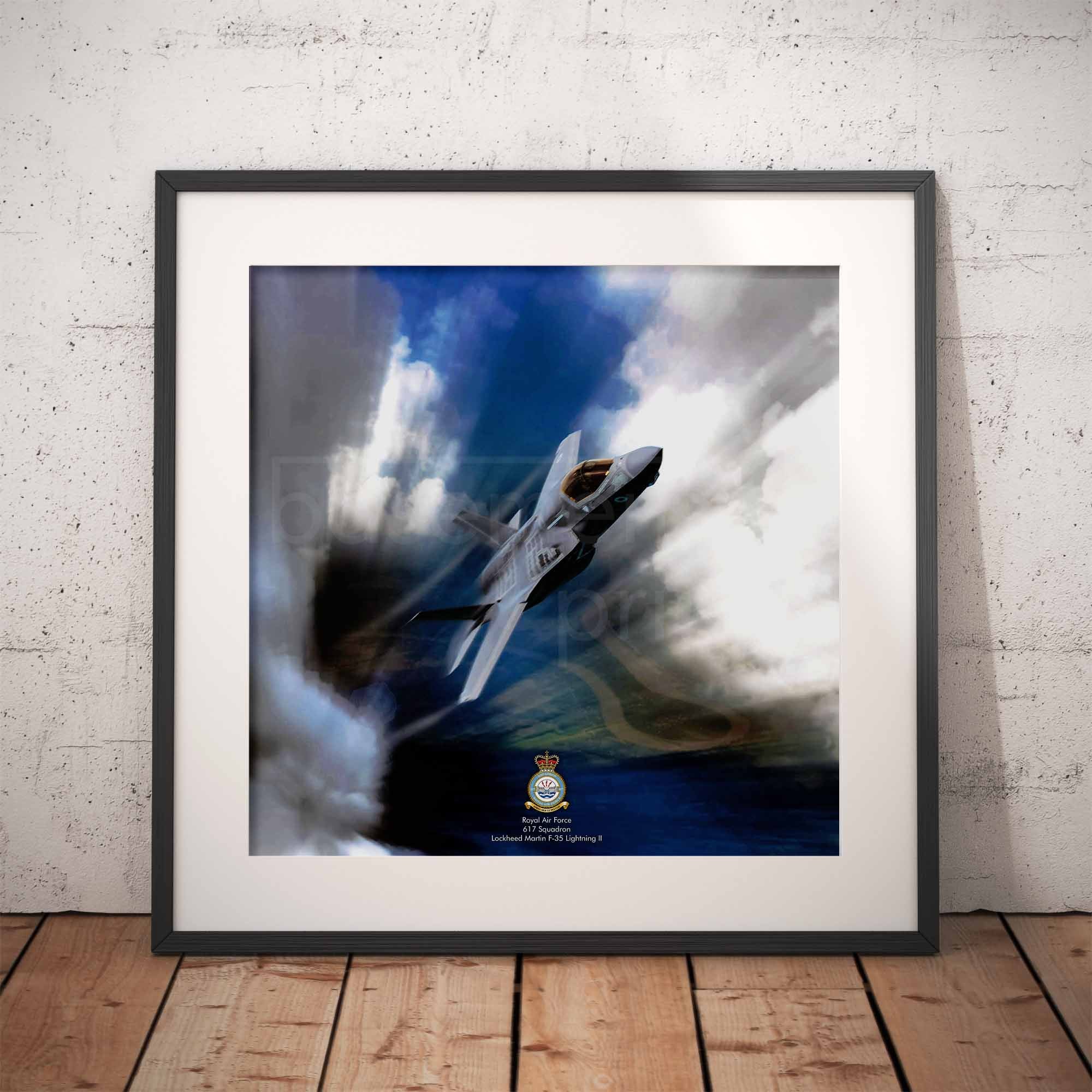Framed artwork of an F35 Lightning II aircraft against a blue sky on a wooden floor with white brick wall background