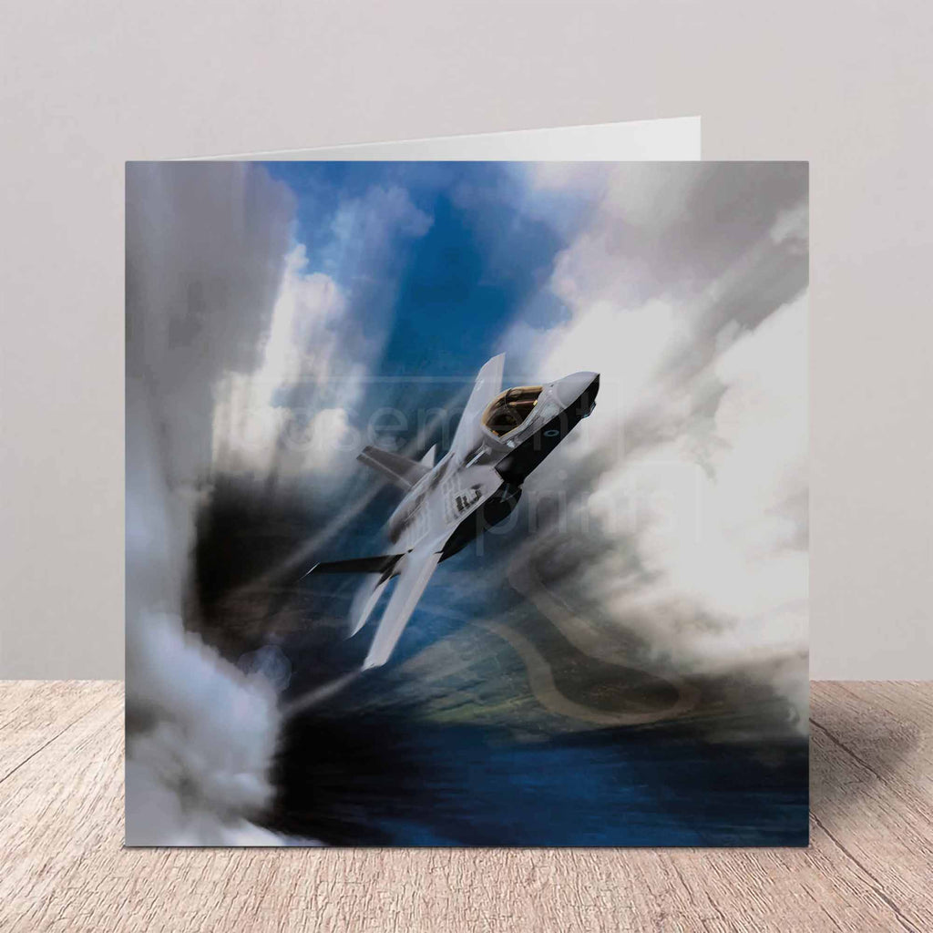 F35 Lightning II aircraft on a greeting card with on a white background.
