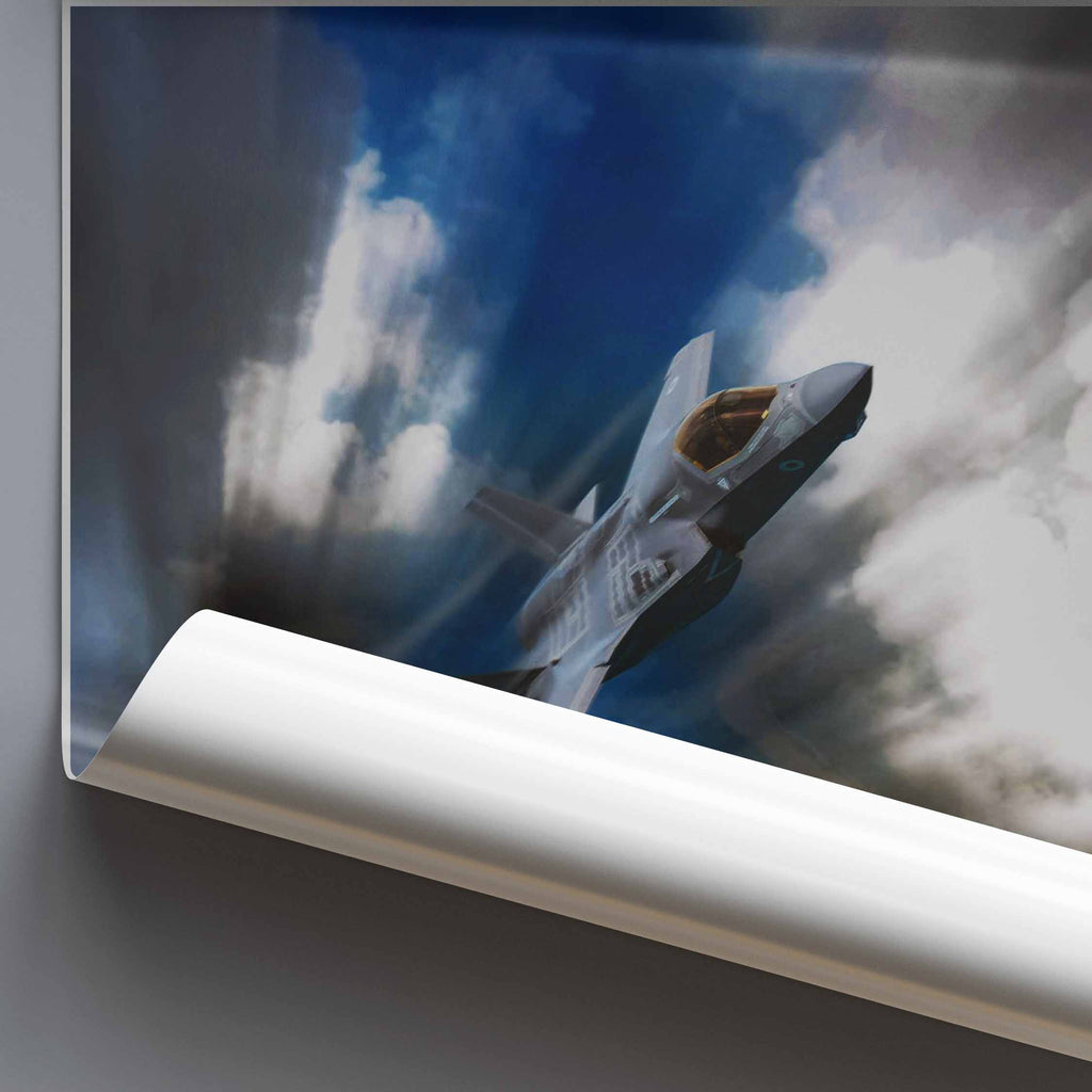 Rolled poster of an F35 Lightning II aircraft on a gray background