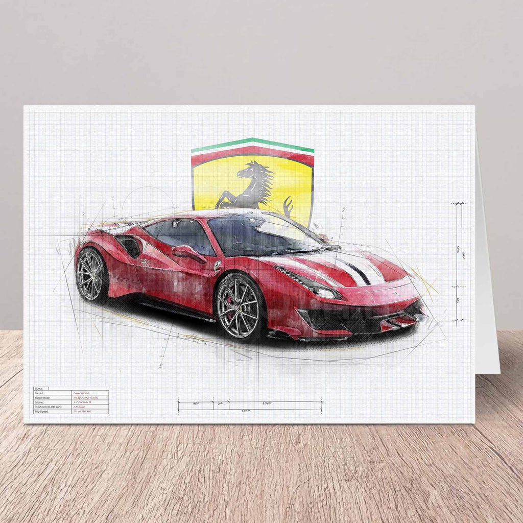 Greeting card of a red Ferrari 488 Pista sports car with Ferrari logo on a white background
