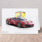 Greeting card of a red Ferrari 488 Pista sports car with Ferrari logo on a white background